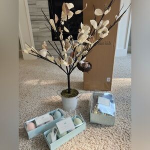 Pottery Barn kids Easter tree with egg decorations and Happy Easter garland